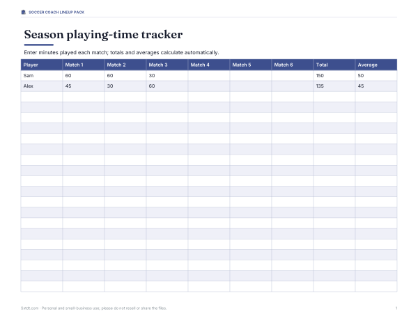 Preview of Printable Soccer Season Minutes Tracker